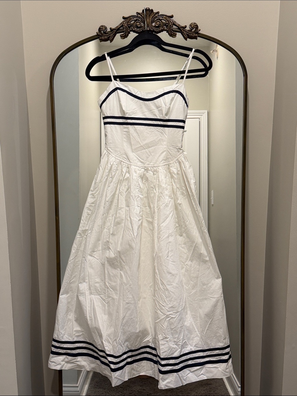 Moon River White Maxi Dress with Navy Trim